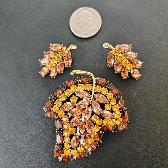Vintage Rhinestone Leaf Brooch & Earring Set - Picture 3 of 8
